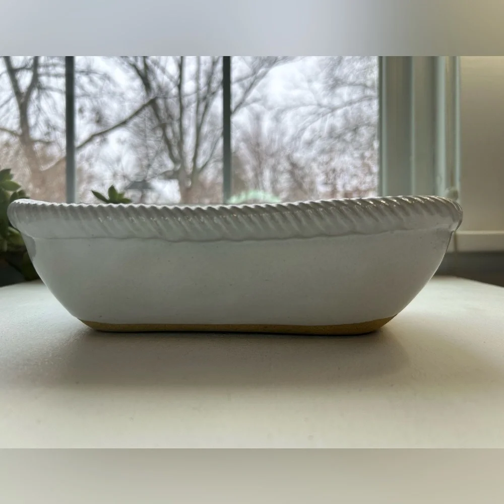 Blue iris handmade off white pottery ribbed edge casserole dish stamped
